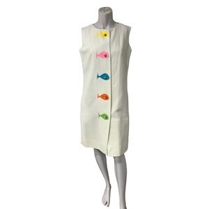 Vtg 80s Waffle Knit Big Buttons Fish Embroidery Dress